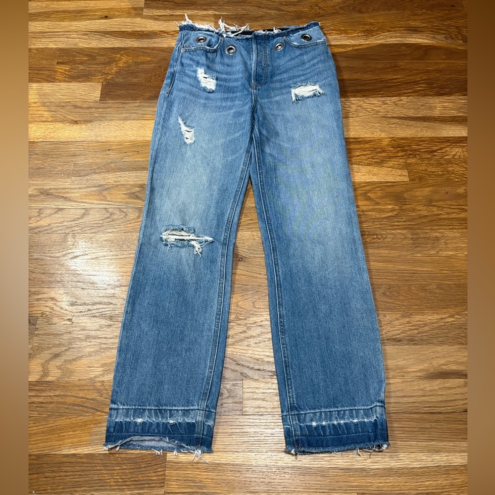 EXPRESS distressed high rise straight ankle jeans